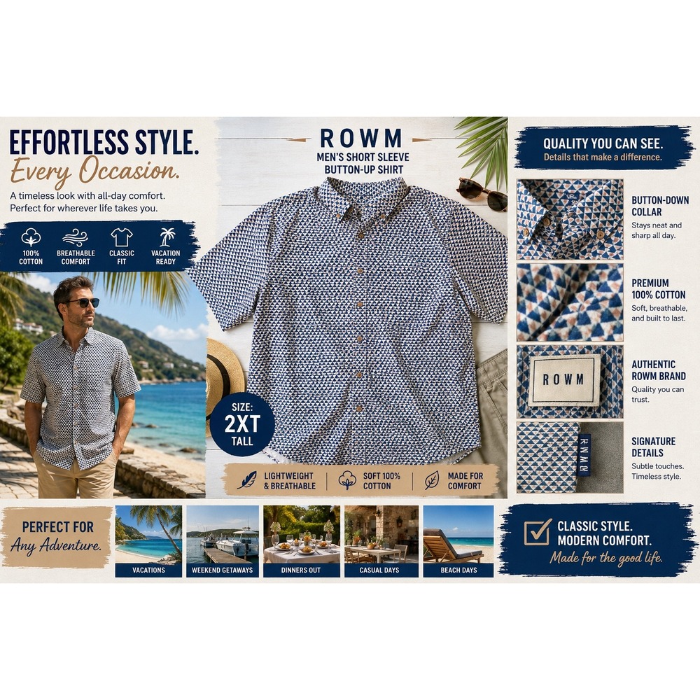 ROWM Men's 2XT 100% Cotton Short Sleeve Button-Up Shirt Blue Tan Geometric Print